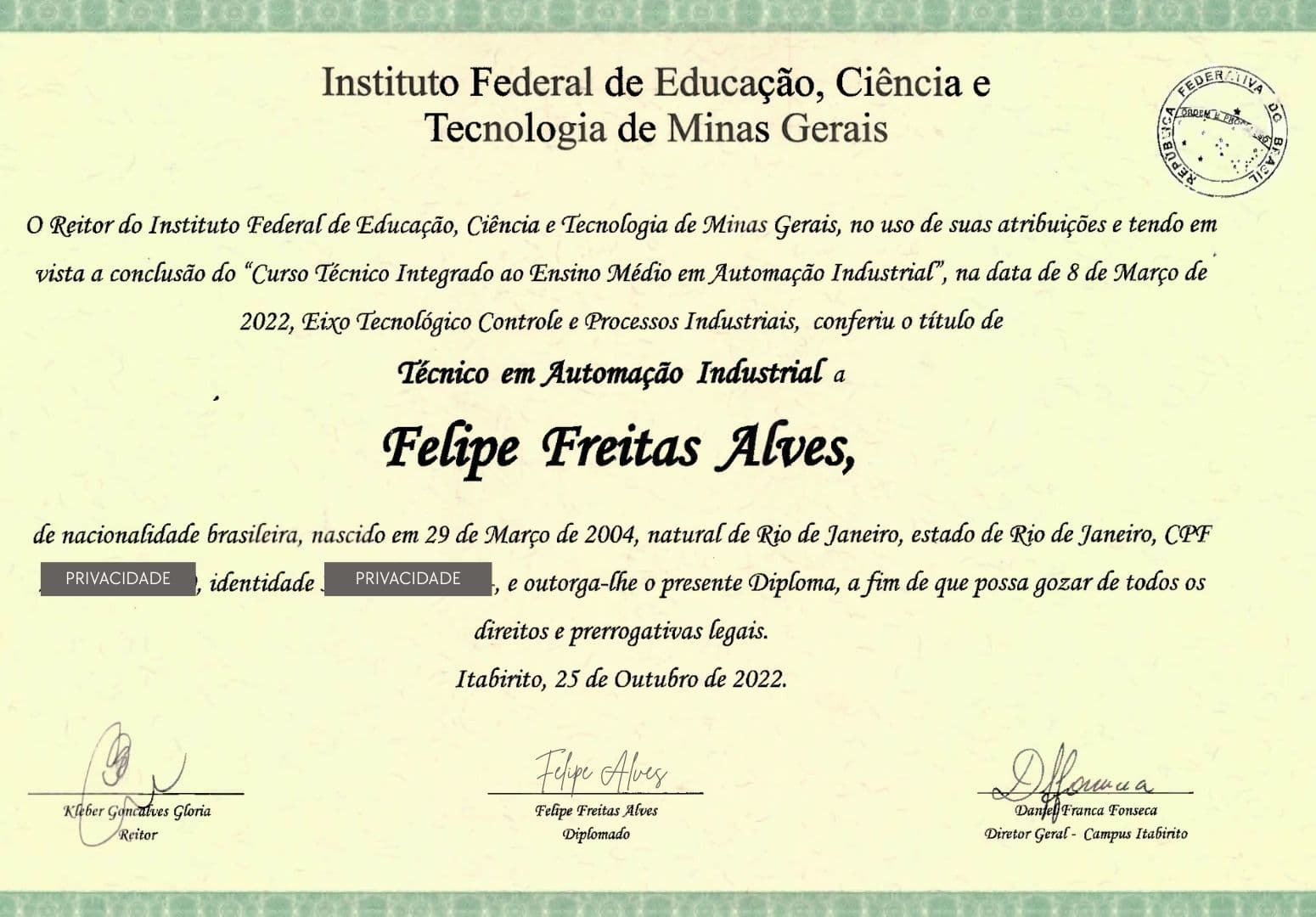 Certificado IFMG - Automação Industrial