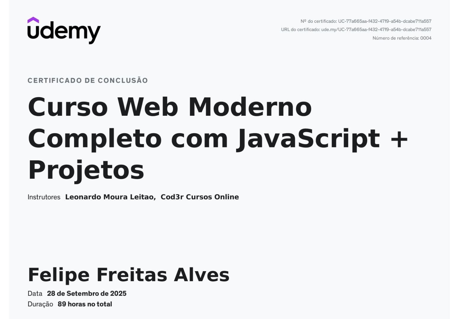 Certificado Udemy - Desenvolvimento Web